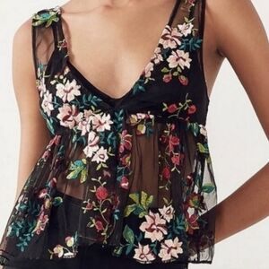 Ecote black mesh floral embroidered plunge v neck peplum top
